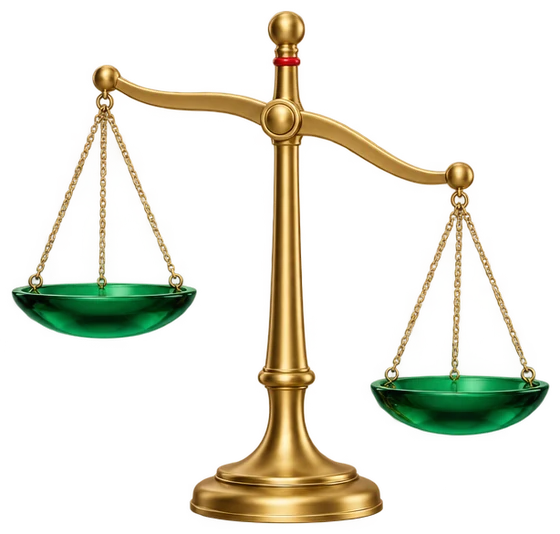 A gold balance scale tipping slightly