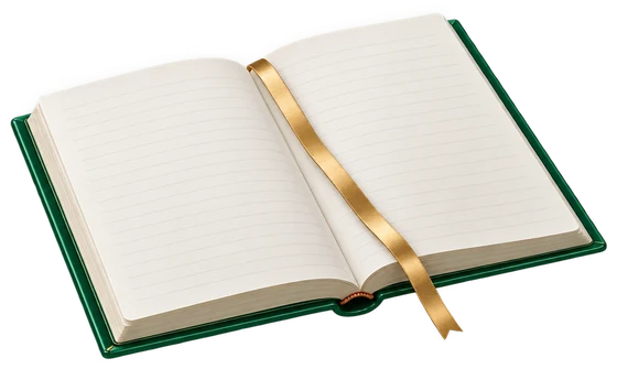 An open ledger with a gold bookmark