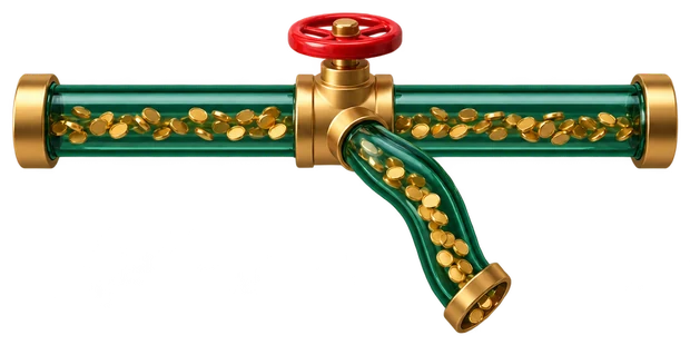 Coins diverted by a red valve into a side pipe