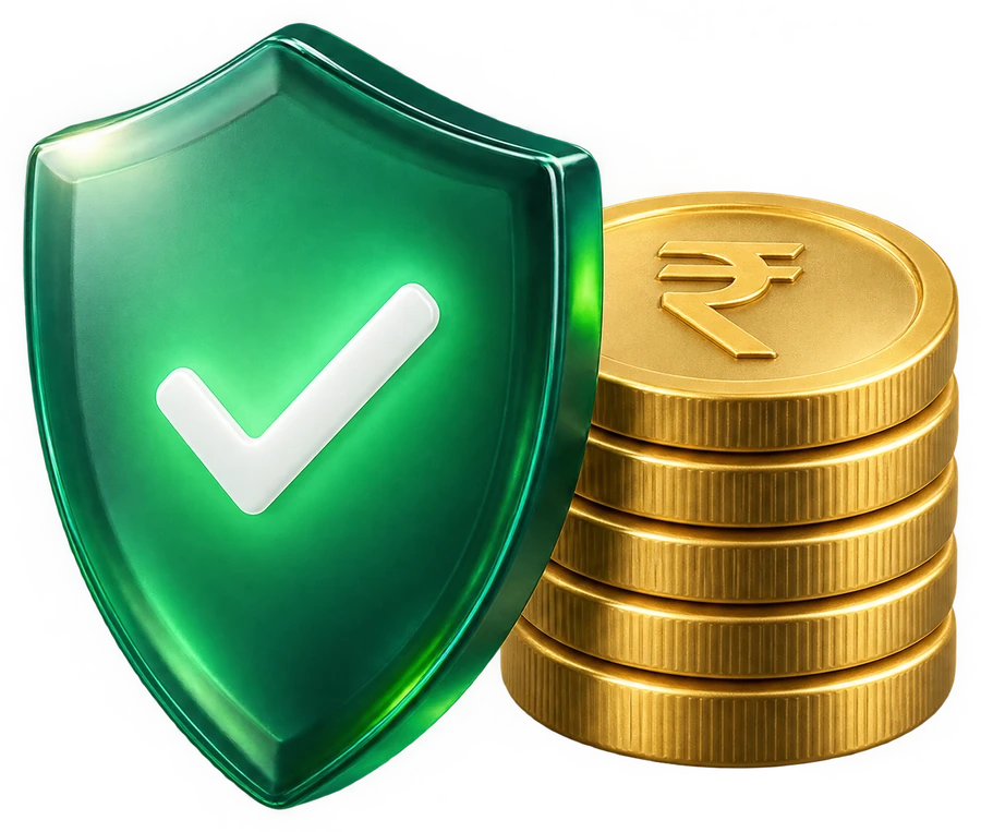 Green shield guarding a stack of rupee coins